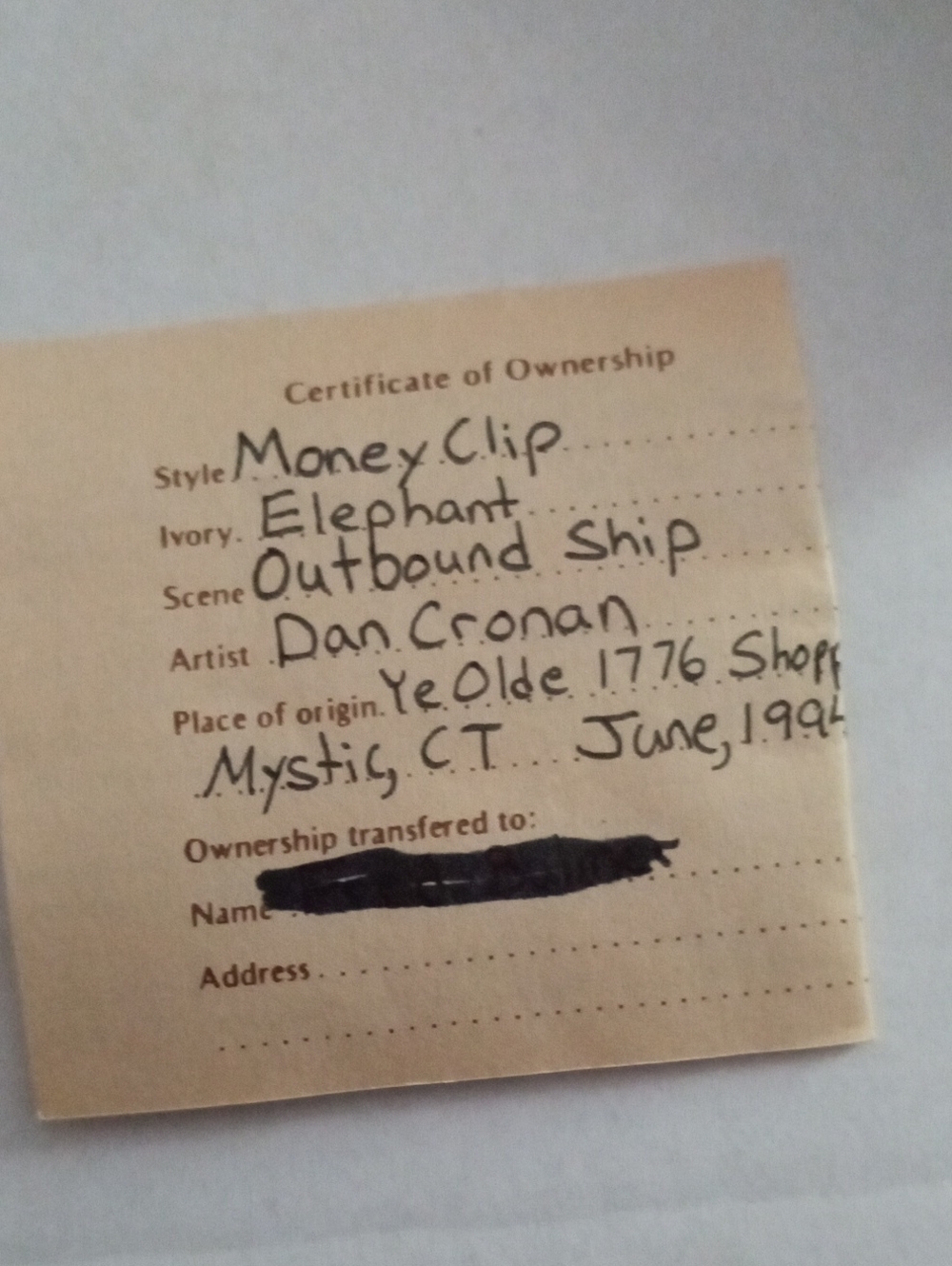 Scrimshaw Money Clip From Mystic CT W/ Certificate Of ownership Dated June, 1994